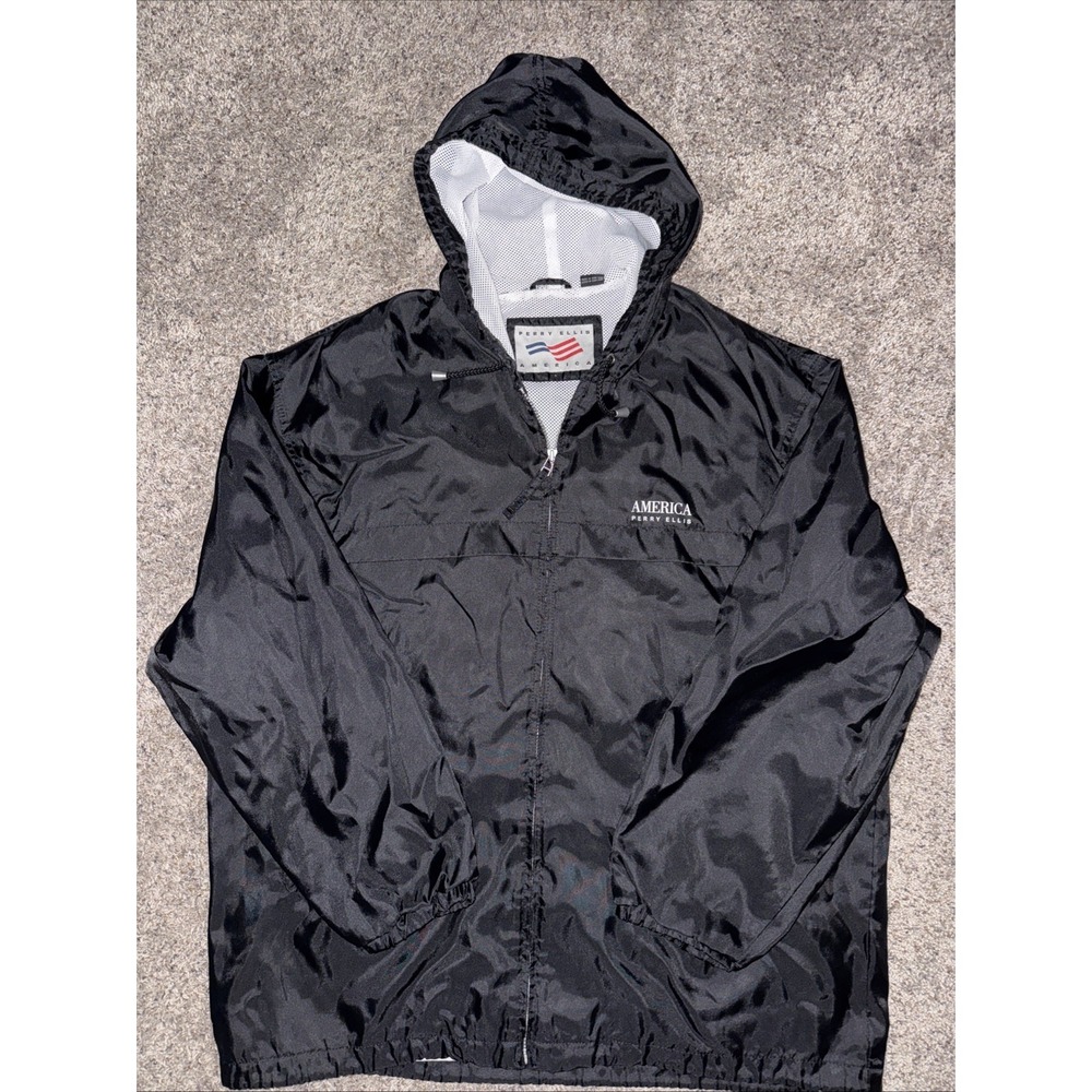 Vtg 90s Perry Ellis Large Spell Out Full Zip Hooded Windbreaker Jacket‎